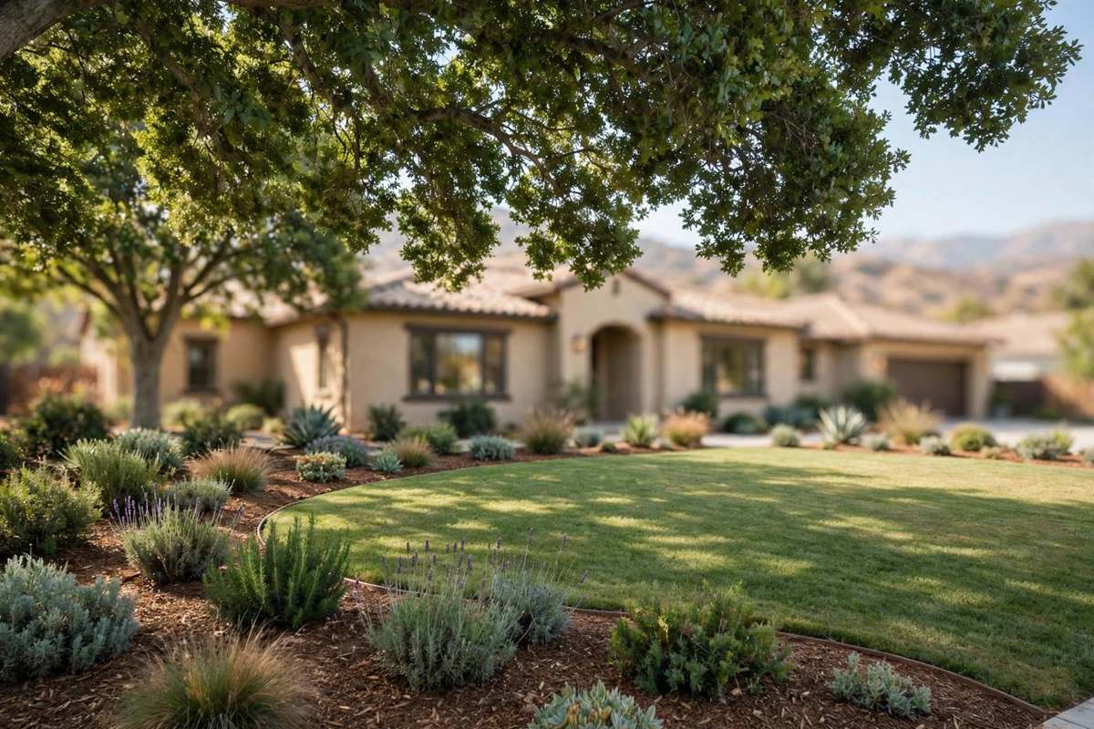 A shaped tree canopy over a trimmed lawn and planted beds