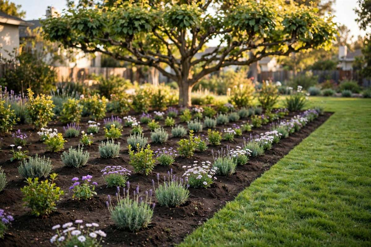 A freshly planted garden bed in neat rows under a pruned shade tree